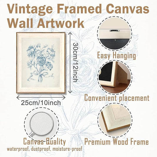 ASTRDECOR Framed Vintage Wall Art for Bathroom, Botanical Blue Wall Art for Home Decor Aesthetic, Victorian Blue Rose Bouquet Sketch Painting Floral Canvas Art Prints, Antique Flower Pictures for Living Room - 10''x12''