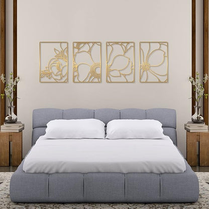 Glamativity Large 4 Pack Gold Wall Art, Minimalist Decor, Real Metal, Nature Floral Abstract, for Bedroom, Living Room, Bathroom (Gold Blossom Style, L Size 22.5 x 15.7'')