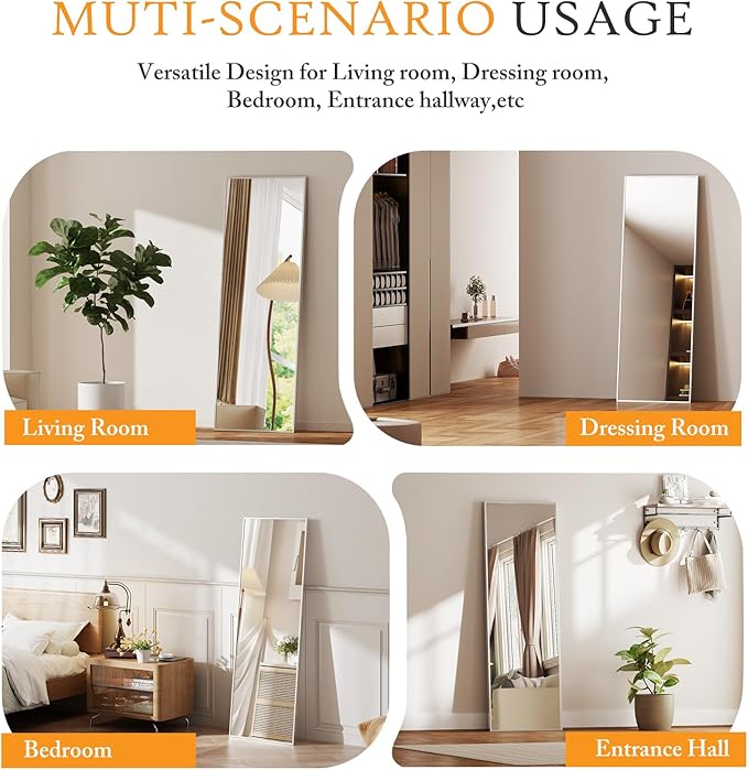 NEWBULIG Full Length Mirror, Full Body Floor Mirror with Aluminum Alloy Thin Frame, Wall or Standing Mirror for Bedroom, Living Room, Dressing Room
