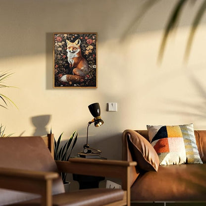 Framed Vintage Wall Art, Vintage Dark Academia Fox Paintings Wall Decor, Woodland Animal Canvas Wall Art Prints Wildlife Botanical Floral Pictures Boho Artwork for Bedroom Living Room 16x24in