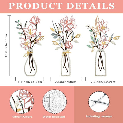 ARTINME 3 Pieces Metal Flowers Wall Arts - Pink and Beige Rustic Farmhouse Decor Minimalist Flower Wall Decors for Living room Bathroom Kitchen Bedroom Dining Room - Housewarming Gifts