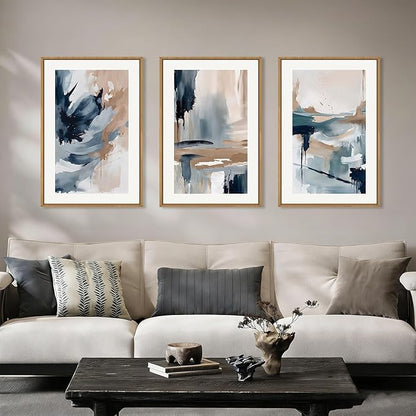 Aryroi Abstract Navy Blue Framed Canvas Wall Art Set,Neutral Brush Stroke Wall Decor,Watercolor Pastel Brown Artwork,Modern Minimalist Color Block Art Print For Living Room,Bedroom,Office-16 x24 x3
