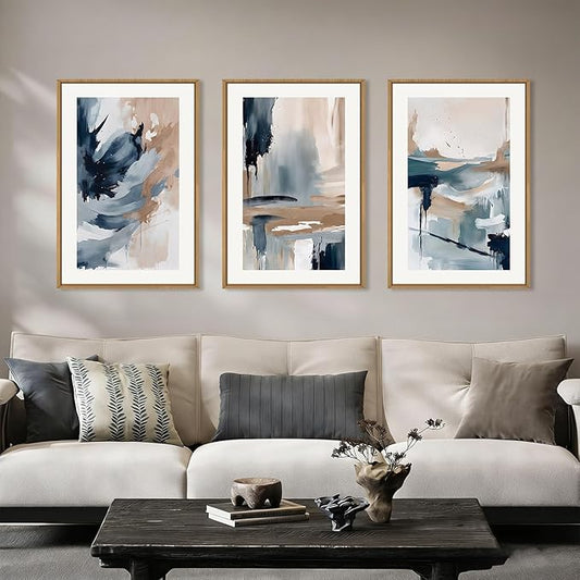 Aryroi Abstract Navy Blue Framed Canvas Wall Art Set,Neutral Brush Stroke Wall Decor,Watercolor Pastel Brown Artwork,Modern Minimalist Color Block Art Print For Living Room,Bedroom,Office-16 x24 x3