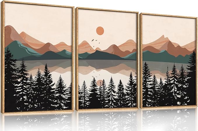KAIRNE Vintage Mountain Lake Framed Canvas Wall Art Set, Mid Century Forest Wall Decor, Nature Pine Tree Art Prints, Modern Boho Sunset Artwork for Living Room,Bedroom,Farmhouse,Office-24 x36 x3