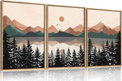 KAIRNE Vintage Mountain Lake Framed Canvas Wall Art Set, Mid Century Forest Wall Decor, Nature Pine Tree Art Prints, Modern Boho Sunset Artwork for Living Room,Bedroom,Farmhouse,Office-16 x24 x3