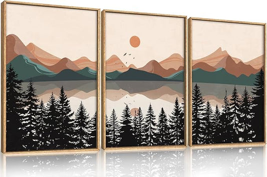 KAIRNE Vintage Mountain Lake Framed Canvas Wall Art Set, Mid Century Forest Wall Decor, Nature Pine Tree Art Prints, Modern Boho Sunset Artwork for Living Room,Bedroom,Farmhouse,Office-16 x24 x3