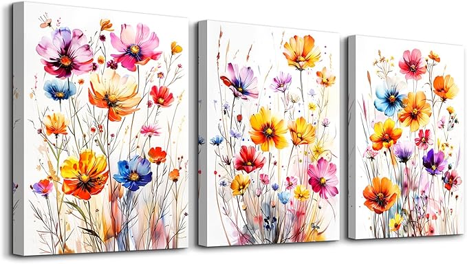 DZRWUBHS Watercolour Floral Wall Art for Living Room Canvas Wall Decor for Bedroom Modern Family Decor Flowers Posters Vintage Wildflower Pictures Print Paintings Artwork Home Decoration 3 Piece