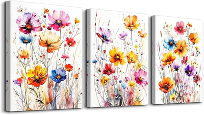 DZRWUBHS Watercolour Floral Wall Art for Living Room Canvas Wall Decor for Bedroom Modern Family Decor Flowers Posters Vintage Wildflower Pictures Print Paintings Artwork Home Decoration 3 Piece