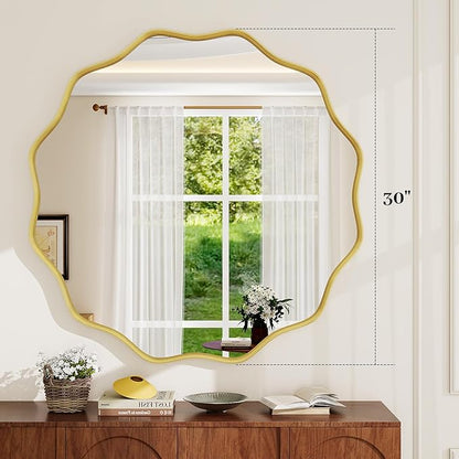 Round Wavy Mirror, 30 Inch Metal Frame Circle Mirror, Round Wall Mounted for Entryway, Bathroom, Vanity, Living Room, Gold