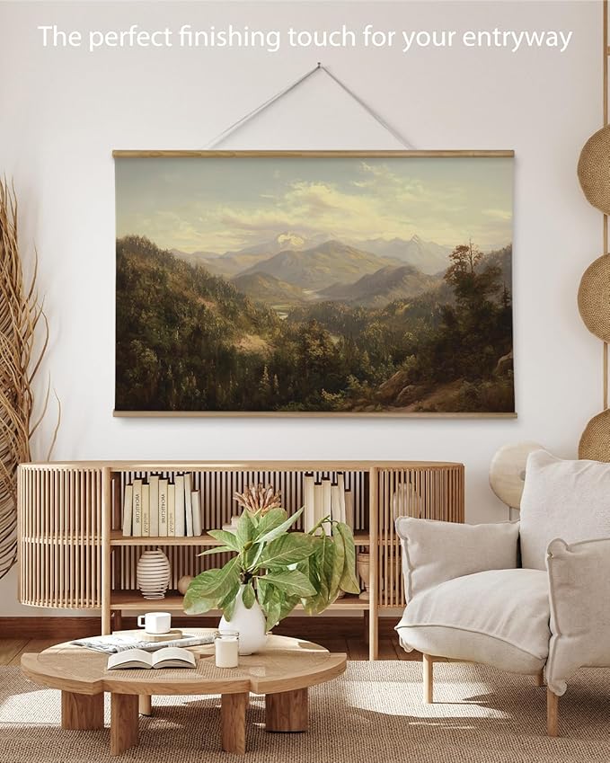 ARPEOTCY Extra Large Vintage Framed Wall Art, 36x54 Inch Mountain Mist Forest Landscape Hanging Canvas Prints Scroll Wall Art Decor for Living Room Bedroom, Retro Scenery Pictures Above of Bed
