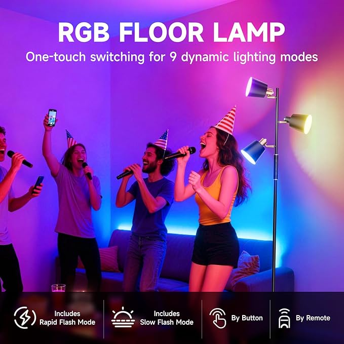Upgraded RGB Tree Floor Lamp, 2500LM Super Bright Standing Lamp with 9 Dynamic Modes, 10 Color Temperatures, LED Floor Lamp with 3 Rotatable Lights, Modern Floor Lamps for Living Room Gaming Room