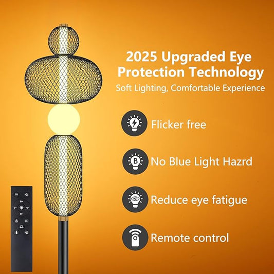 NUÜR LED Dimmable Floor Lamp with Remote & Foot Switch, Adjustable Color Temperature & Stepless Dimming, Modern Industrial Mesh-Shade Tall Standing Lamp, Black Corner Lamp for Living Room Bedroom
