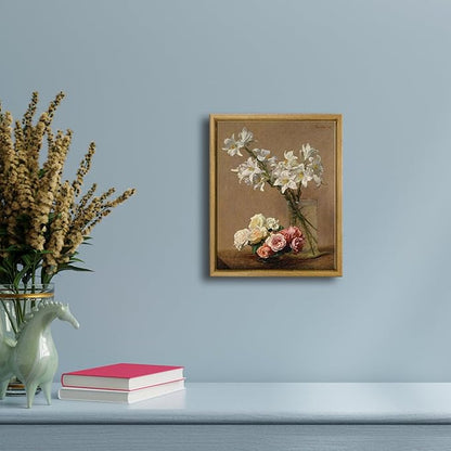 Pyradecor Vintage Retro Framed Wall Art Home Decor Roses and Lilies Canvas Prints Classical Floral Painting Vintage Wall Decor for Laundry Room Farm House Decor