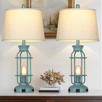28" Tall Farmhouse Table lamps for Living Room, Vintage Industrial Table Lamp with USB C+A Ports & Outlet, Rustic Bedside Lamps with 2 Nightlight & Linen Fabric Shade for Nightstand Bedrooms Desk Blue