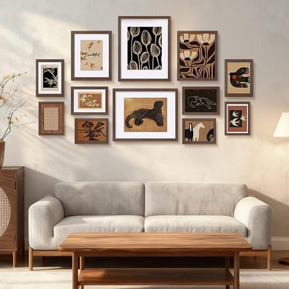 Egofine Picture Frame Set 12 Pack, Picture Frames Collage Wall Decor with Two 11x14, Two 8x10, Four 5x7, Four 4x6 for Wall and Tabletop, Made of Solid Wood, Covered by Plexiglass, Rustic Brown