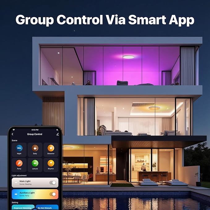 Smart LED Ceiling Light Flush Mount,12inch RGB Ceiling Light Fixture with Remote Control,Dimmable 3000K-6500K,Night Light 2000K,Memory Function,Compatible with Alexa,Google,Tuya