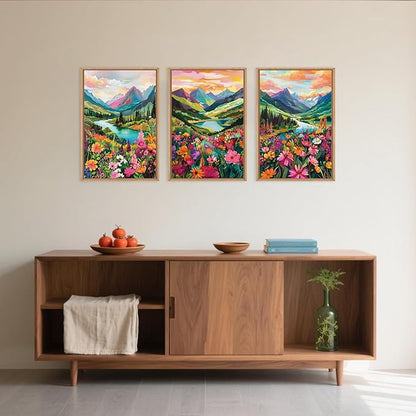 Colorful Wildflower Blossom Framed Canvas Wall Art Set,Mountain Flowers Wall Painting, Abstract Landscape Wall Decor,Natural Floral Artwork for Living Room,Dining Room,Office-16 x24 x3