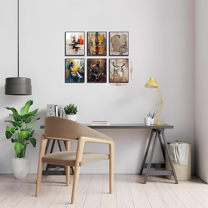 Modern Abstract Music Wall Art Set of 6, Unframed Canvas Posters Prints, Jazz Musician Piano Violin Abstract Painting Artwork, Contemporary Colorful Wall Decor for Living Room Bedroom Office 8x10 Inch