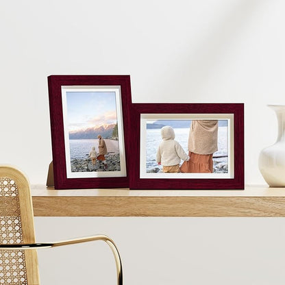 Vittanly 5x7 Picture Frames Set of 9, Display 4x6 Pictures with Mat or 5x7 without Mat, Photo Frames for Wall or Tabletop with Plexiglass, Engineered Wood, Cherry Red