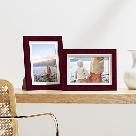 Vittanly 5x7 Picture Frames Set of 9, Display 4x6 Pictures with Mat or 5x7 without Mat, Photo Frames for Wall or Tabletop with Plexiglass, Engineered Wood, Cherry Red