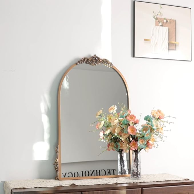 32''x24'' Antique Gold Arched Wall Mirror with Metal Flower Carving Frame, Small Vintage Retro Baroque Mirror Ornate, Vanity Mirror for Bathroom, Fireplace,Entryway, Living Room