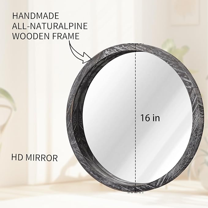 JJUUYOU Circular Wall Mirror Round Mirror for Bathroom Small Circle Wall Mounted Mirror for Decor Wood Framed Make up Mirror for Farmhouse Living Room Bedroom 16Inch