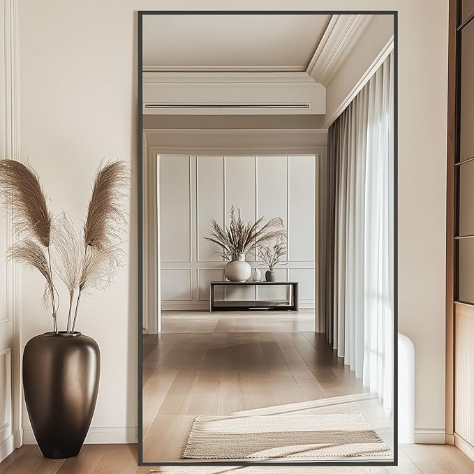 82"X44" Oversized Floor Mirror Full Length, Extra Large Standing Mirror for Gym Bedroom Living Room Clothing Store, Tempered Glass Black Full Length Body Mirror, Hanging or Wall Mounted