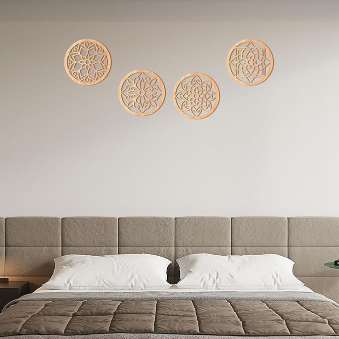 KOYILTD 4 Pieces Thicken Rustic Wall Decor,Flower Carved Wall Art,Wooden Hollow Carved Design(Round, 8.2in)
