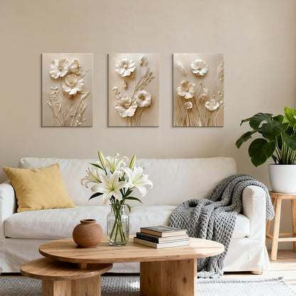 WENGTIAO 3Pcs Beige Flower Canvas Wall Art Prints Neutral Floral Plant Wall Painting Minimalist Botanical Blossom Poster Picture Vintage Artwork Home Decor for Living Room Bedroom Office 16”x24”x3Pcs
