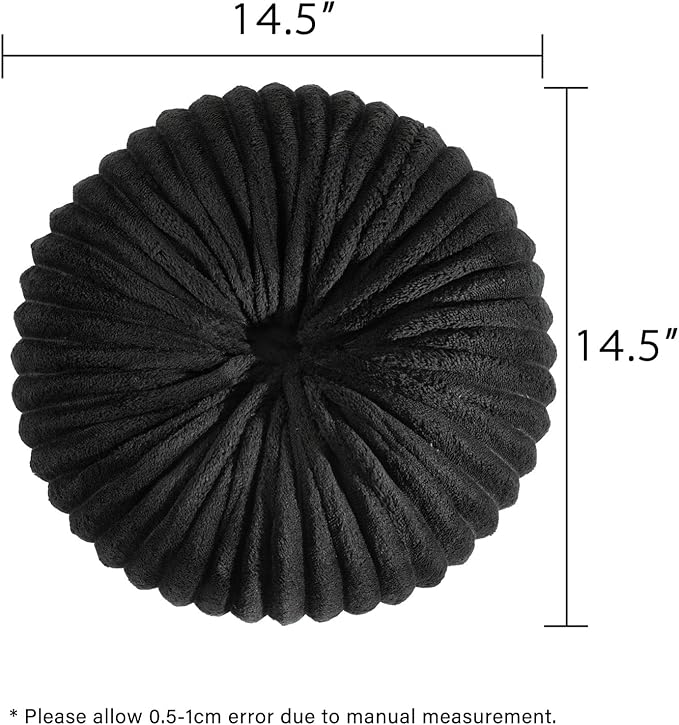 HIG Decorative Round Throw Pillows for Bed Couch -Set of 2 Handcraft Ruched Pumpkin Pillow, Soft and Durable Flannel Floor Pillow for Home Decor, Bed Living Room and Sofa (Black,14.5"x14.5")