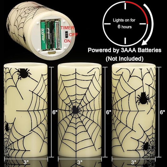 Flameless Candles Battery Operated with Timer, Set of 3 Spider Cobweb Decals Yellow Light Real Wax LED Flickering Pillar Candles Dinner Tabletop Halloween Home Decoration (3" x 6")