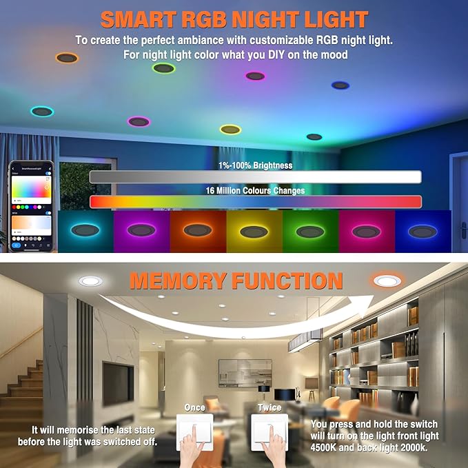 12Pack Smart RGB Recessed Lighting 4Inch,Ultra-Thin Canless LED Downlight,2.4GHz Wi-Fi Bluetooth, 2700K-6500K, 9W 2640lm,Work with Tuya App,Alexa,Google Assistant,Sync Music