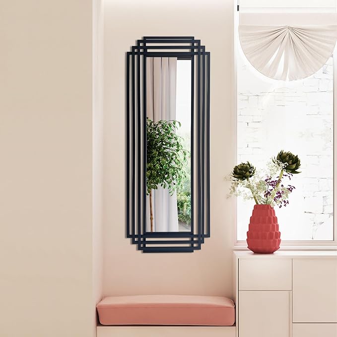 Geometric Wall Mirror, 42"x16" Art Deco Mirror wirh Black Metal Frame, Modern Rectangle Aesthetic Mirrors for Living Room Bedroom Entryway Hallway, Hangs Vertically or Horizontally