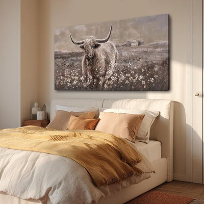 Beige and Brown Highland Cow Canvas Wall Art - 24x48 Inch Framed Large Painting for Rustic Farmhouse Living Room, Vintage Bedroom, Office Decor, Cow Lover Gift