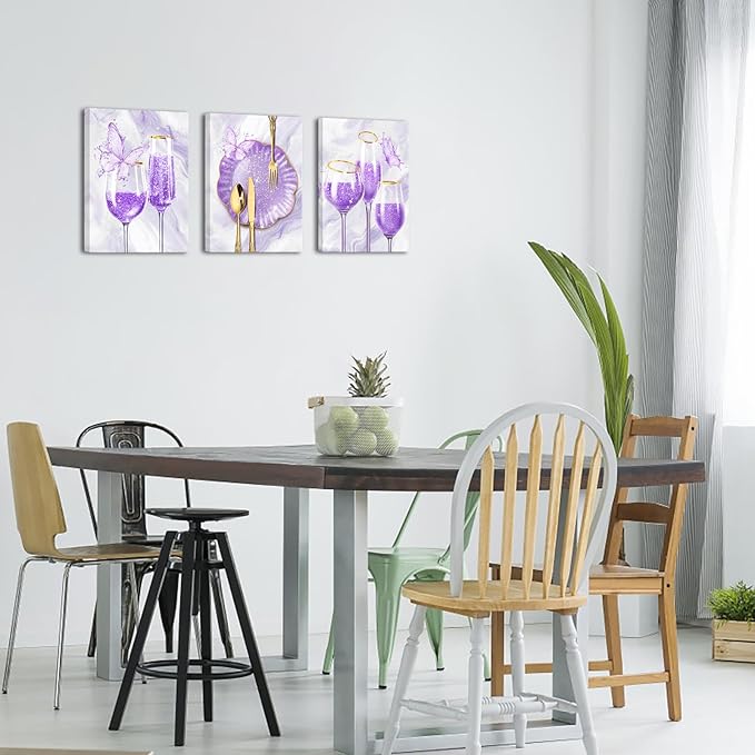 sechars 3 Pieces Set Kitchen Wall Decor Purple Wine Glass Wall Art Gold Utensils Canvas Prints Modern Dining Room Pictures (Purple)