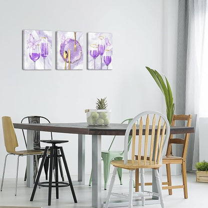 sechars 3 Pieces Set Kitchen Wall Decor Purple Wine Glass Wall Art Gold Utensils Canvas Prints Modern Dining Room Pictures (Purple)
