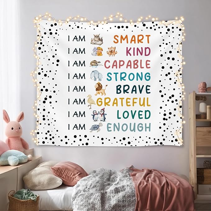 Soft Flannel Wall Tapestry – I Am Kind,I Am Smart Inspirational Tapestry,Cute Animal Patterns Wall Hanging Decor for Bedroom Living Room Kids Room Decor,Birthday Party Wall Art Decoration 59x51 inch(Colorful-I am smart)