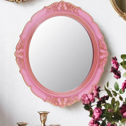 YCHMIR Vintage Decorative Wall Mirror 14.8 x 13.1 Inch Oval Mirror（Pink）