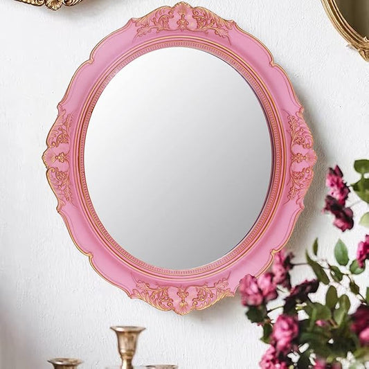 YCHMIR Vintage Decorative Wall Mirror 14.8 x 13.1 Inch Oval Mirror（Pink）
