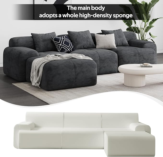 Modern L-Shaped Modular Sectional Sofa for Living Room，Oversized 3-Seater Couch with Deep Seat and Movable Ottoman – No Assembly,Comfortable Suede Fabric Boneless Sofa (Dark Gray)