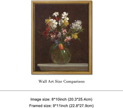 Pyradecor Vintage Framed Canvas Wall Art Retro Farmhouse Decor Flowers in Vase Canvas Prints Classical Floral Painting Artwork for Bedroom Office Decorations