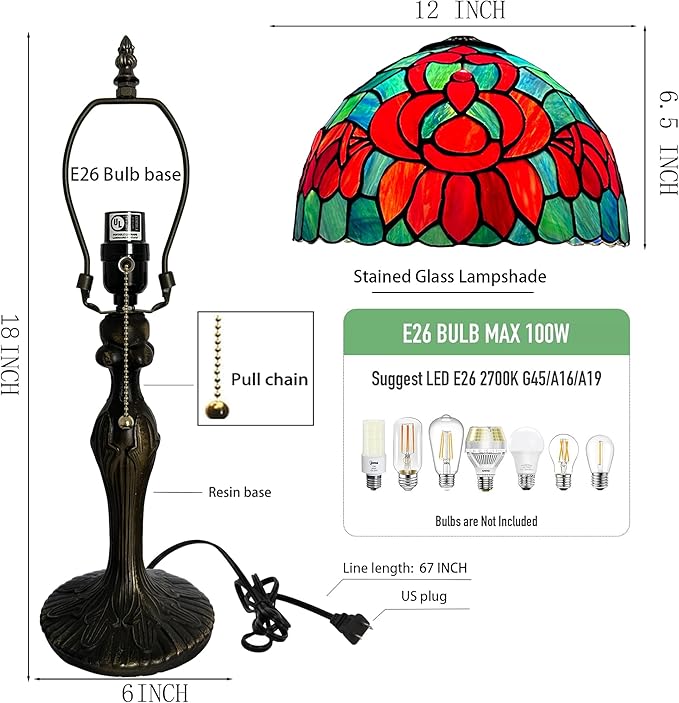 Tiffany Lamp Stained Glass Table Lamp Bedside Reading Lamp 12 x 19” Lotus Style Decorative Lamp for Desk Living Room Bedroom Study Office Light Home Decor Ambient Gift