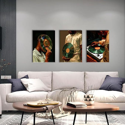 AOYUSMO 3 Piece African American Wall Art Black Men Wall Decor Fashion Music Pictures Record Canvas Art Music Studio Paintings Modern Trendy Artwork For Living Room Bedroom 16"x24"