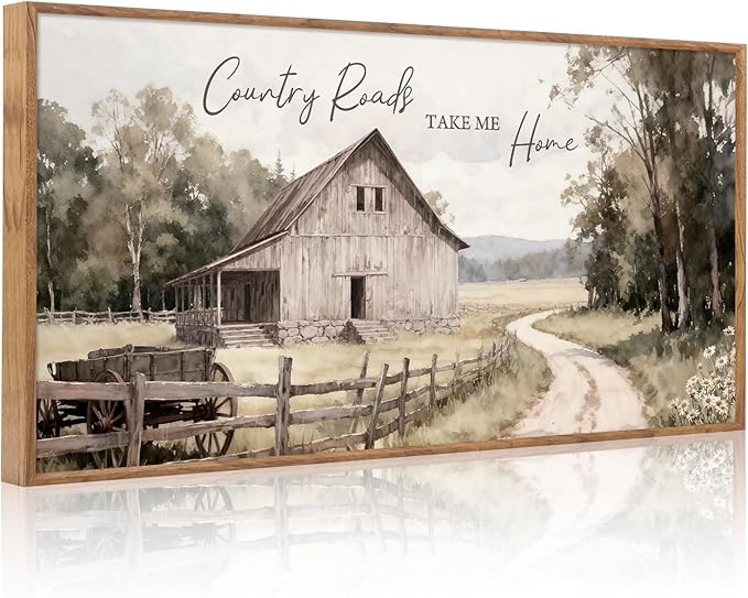 Aurlan Country Roads Take Me Home Wall Art(40"x20"), Neutral Countryside Cottage Cabin Farmhouse Old Barn Canvas Artwork, Large Vintage Rustic Nature Meadow Field Landscape Decor for Home Dining Room