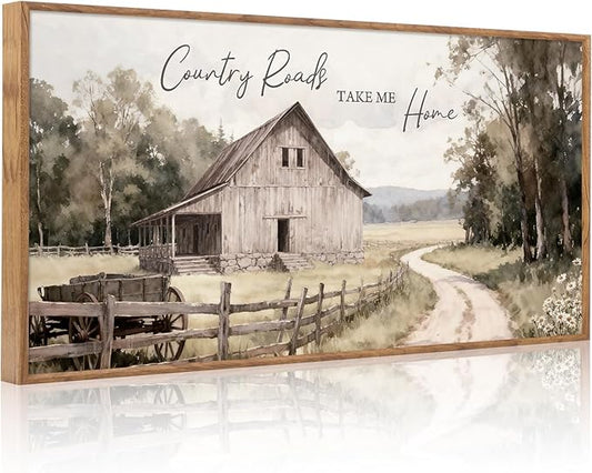 Aurlan Country Roads Take Me Home Wall Art(40"x20"), Neutral Countryside Cottage Cabin Farmhouse Old Barn Canvas Artwork, Large Vintage Rustic Nature Meadow Field Landscape Decor for Home Dining Room