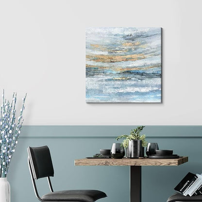 Abstract Canvas Wall Art Framed Light Blue Canvas Print Coastal Theme Artwork Modern Ocean Skyline and Sunset & Sunrise in the Seaside Large Sea Picture for Home Bedroom Decor 24x24inch