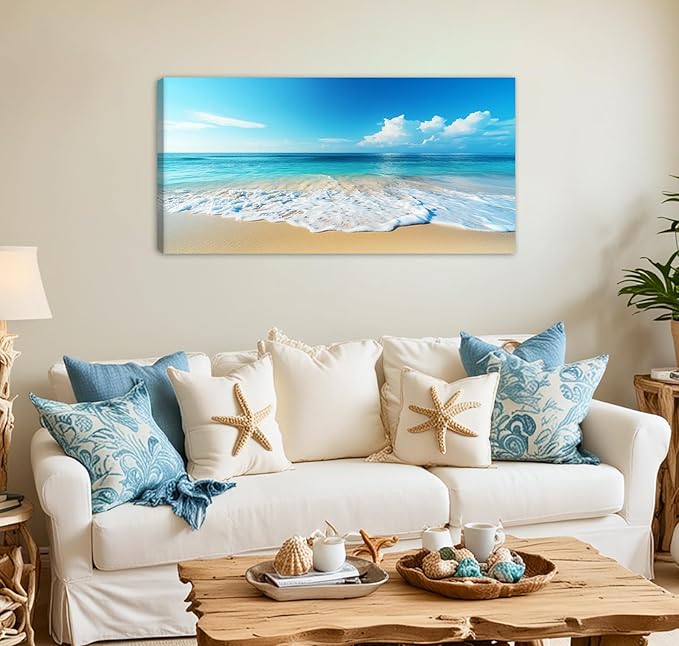 Beach Pictures Wall Art Canvas Print Ocean Pictures Wall Decor Blue Seascape Painting Large Beach Landscape Picture Modern for Home Living Room Bedroom Bathroom Office Decorations 20" x 40"