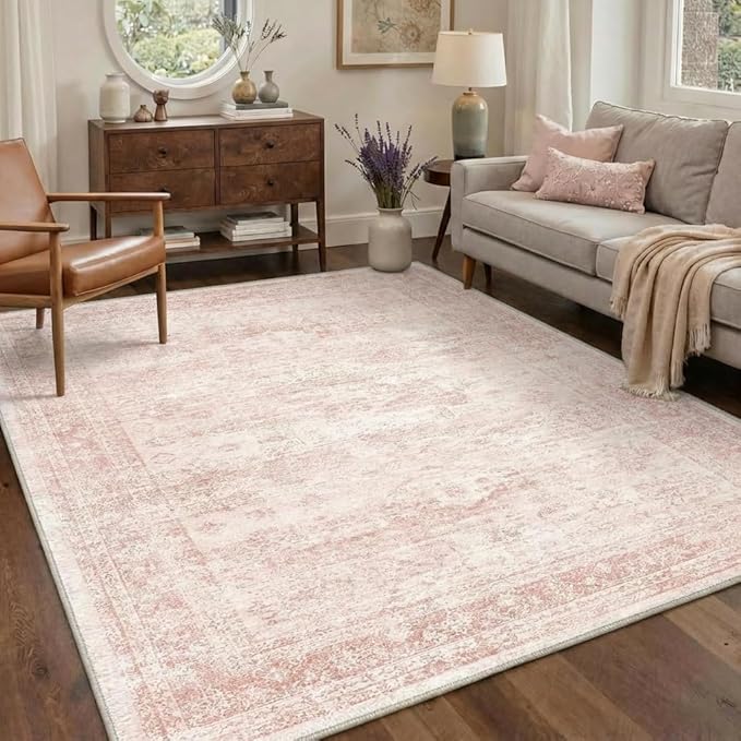 GENIMO 6x9 Area Rugs for Living Room, Machine Washable Non Slip Vintage Rugs, Low Pile Lightweight Chenille Print Rug for Bedroom, Dining Room, Home Office, Pink