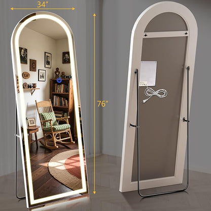 Arch Full Length Standing Mirror with LED Lights, 76"x34" Lighted Mirror with Dimming & 3 Color Lighting, Tall Mirror Full Body for Bedroom, Dressing Room