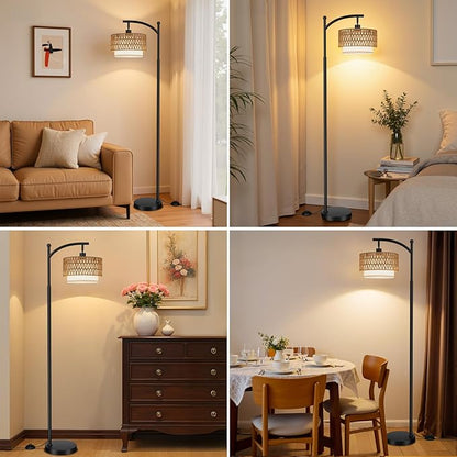 Ambimall Arc Floor Lamp for Living Room with Remote, Boho Standing Lamp with Rattan & Linen Shades, Color Temperature & Dimmable Bulb, Farmhouse Tall lamp for Bedroom, Office(Black)